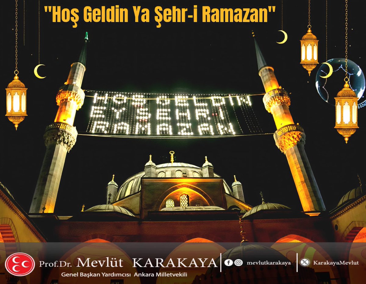 #HoşGeldinYaŞehriRamazan 
🌙 🌙 🌙 
Cenab-ı Allah, mübarek ramazan ayı hürmetine, Aziz Milletimize birlik ve beraberlik, sağlık, huzur ve afiyet nasip etsin. İmanımızı kuvvetlendirsin, kalplerimizi birbirine bağlasın.

Cenab-ı Allah bu ramazan, Gazze ve Doğu Türkistan başta olmak