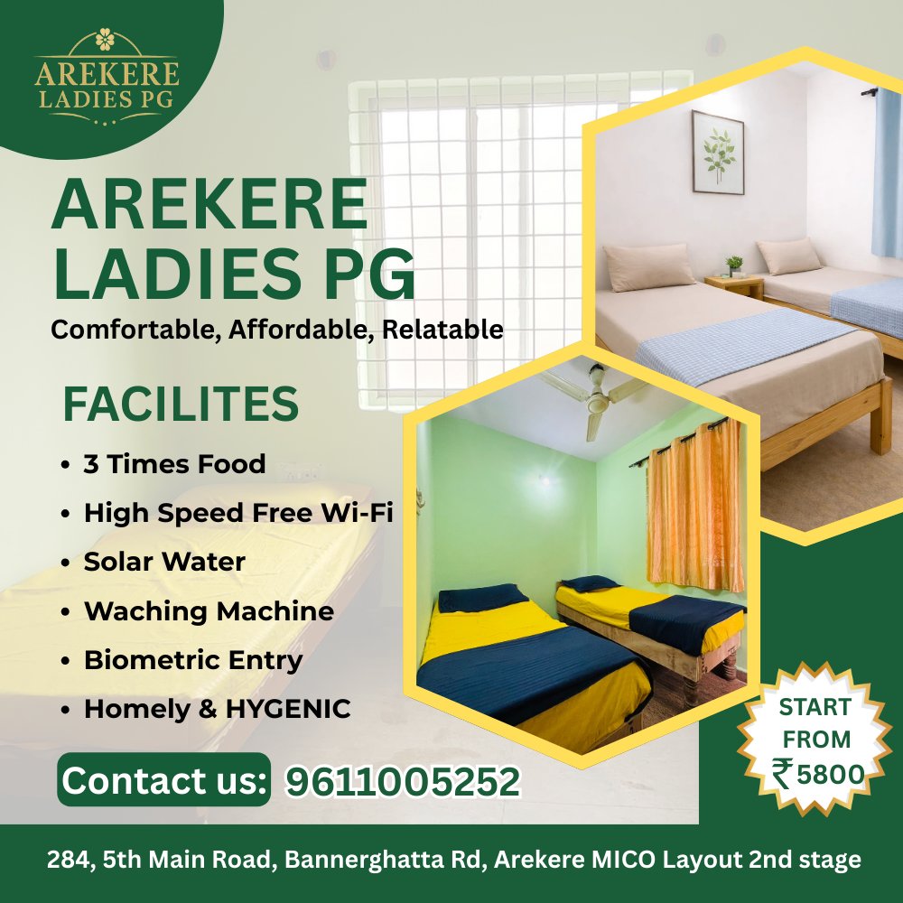arakereladiespg's tweet photo. Looking for a safe &amp; affordable Ladies PG in Arekere near Bannerghatta Road?

✔ 3 Meals
✔ Free WiFi
✔ Solar Hot Water
✔ Biometric Entry
✔ Hygienic Rooms
💰 Starting ₹5800
📞 9611005252
#LadiesPG #Arekere #BangalorePG #WorkingWomen #StudentStay #AffordableLiving #SafeStay https://t.co/neG45Q4JnV
