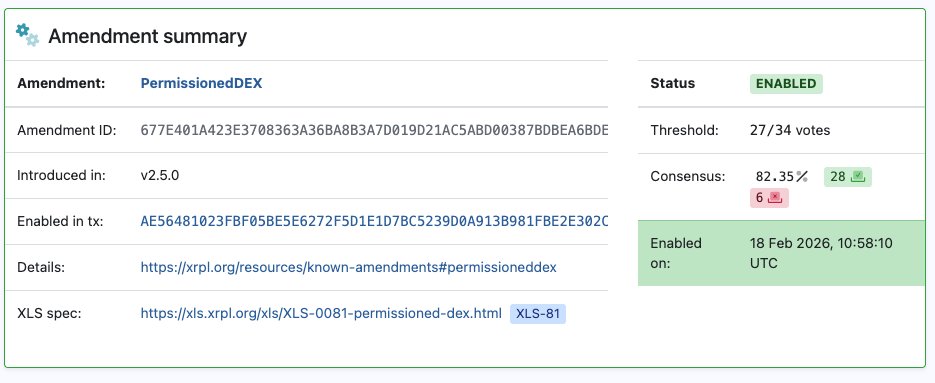 Permissioned DEX is now officially activated on the XRP Ledger as of 10:58 UTC on 18 February 2026.

This means that from today onward, the rails are finally in place for <a href="/Ripple/">Ripple</a> Payments to go live on the XRPL at any time. As Vet mentioned, it may still take time for rollout >