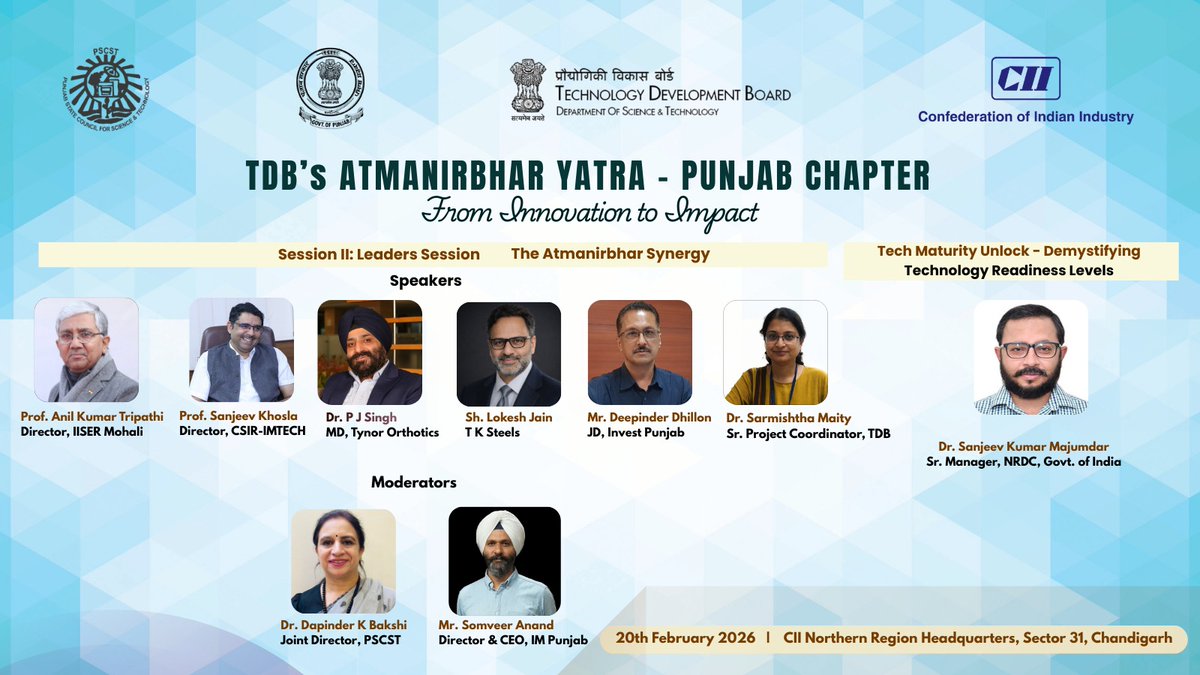 PSCST_GoP's tweet photo. TDB's Atmanirbhar Yatra-Punjab 
Session-II The Atmanirbhar Synergy–Join Powerful Leaders Session on Strengthening Punjab’s Innovation Ecosystem, need based tech dev. &amp; commercialization Pvt. R&amp;D investment, Ind-Acad Synergy &amp; Demystifying TRL Level
@PSCST_GoP @tdbgoi @FollowCII https://t.co/UevppQT0Yk