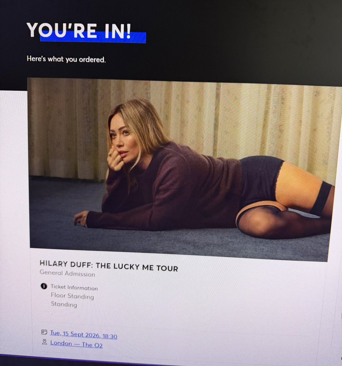 Won the war again with Hilary tickets! 4 shows, luck or something… 😍😭