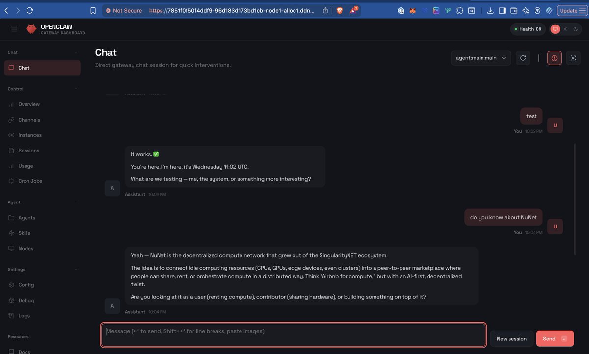 <a href="/openclaw/">OpenClaw🦞</a> running on #NuNet Decentralized #OpenSource Compute and Orchestration Network 👀

Tutorial coming soon with Network Live launch 🚀

#OpenClaw