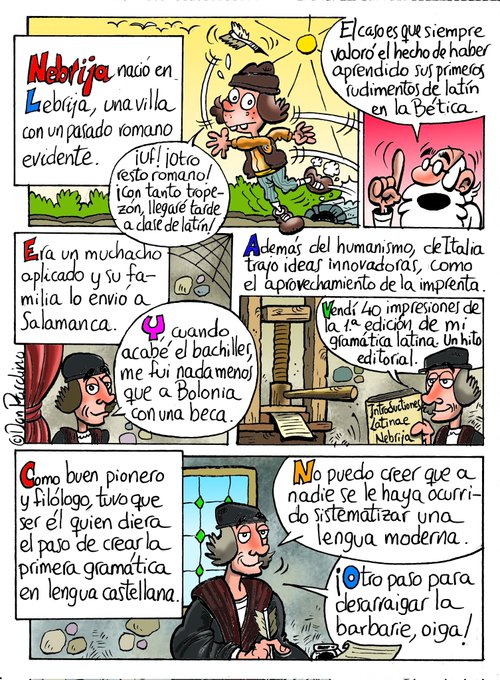 de_escritura's tweet photo. ¿Sabes quién fue el autor de la primera gramática de una lengua europea moderna?  Pues sí, fue Antonio de @Nebrija y nos lo explica el @profedonPardino en su viñeta dibujada para @archiletras https://t.co/CgRcTQPLRr