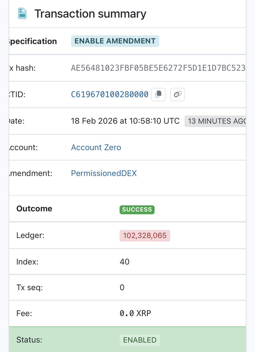 Permissioned DEX is now activated on XRP!

Credentials ✅ Permissioned Domain ✅ Permissioned DEX ✅.

Now begins the phase of bootstrapping the DEX.