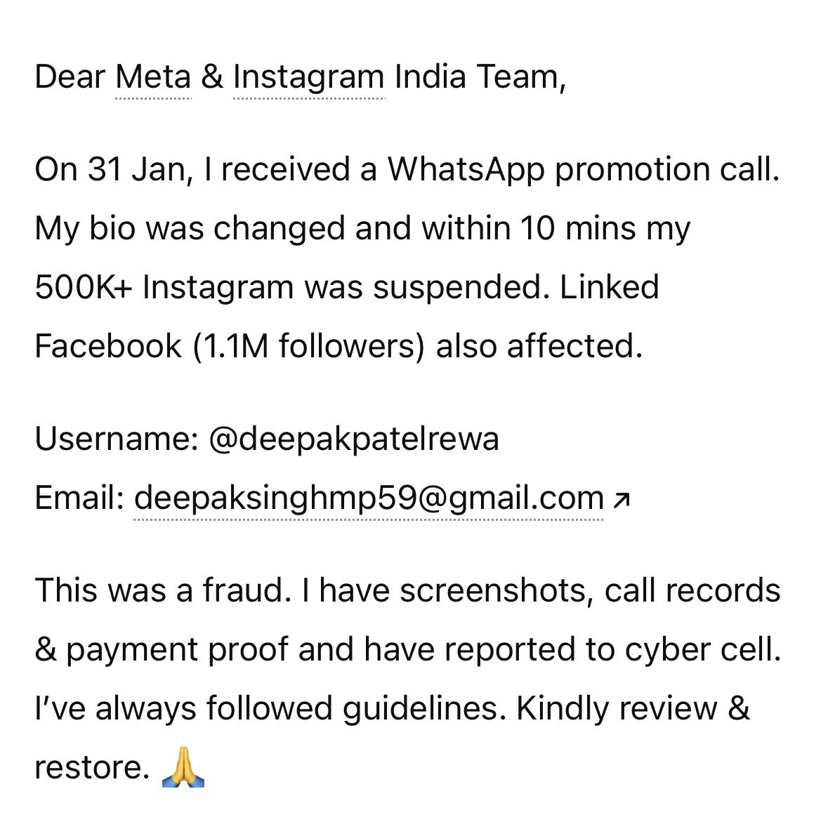Deepakpatelrewa's tweet photo. Team @Meta @instagram @facebook  my instagram account has been disabled after being scammed by a fraud whatsapp number. They pretended to be sponsor &amp; told me to put HITLER SHOP in my insta bio. Then my instagram account had been disabled. Kindly help me out #Meta #disable #help https://t.co/x8OWRVEfxX
