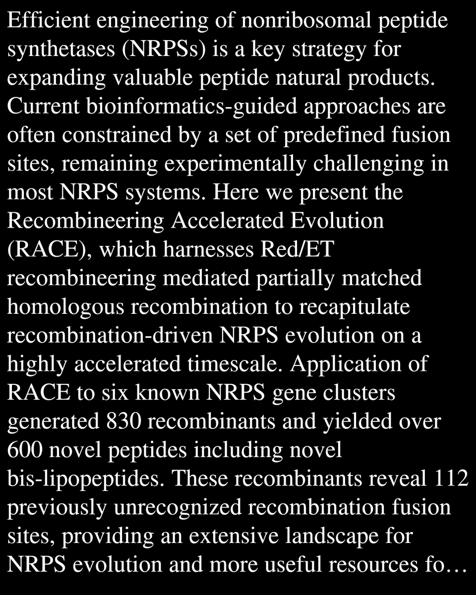 Artificial Recombination of Nonribosomal Peptide Synthetases Rapidly Evolves Natural Products

Zhong, L., Wang, X., Shi, X., Bai, X., Liu, Y., Chen, H., Seenivasan, B., Ji, X., Yang, Q., Li, S., Mueller, R., Tu, Q., Zhang, Y.-M., Bian, X.
biorxiv.org/content/10.648…