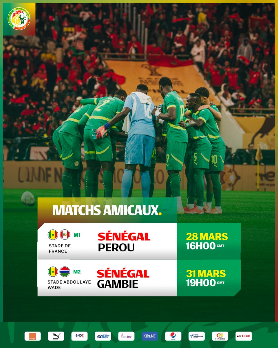 GaindeYi's tweet image. 🔜 Deux matchs amicaux internationaux à venir pour nos lions en ce mois de mars 2026 : le 28/03 à Paris contre le Pérou et le 31/03 à Diamniadio contre la Gambie.