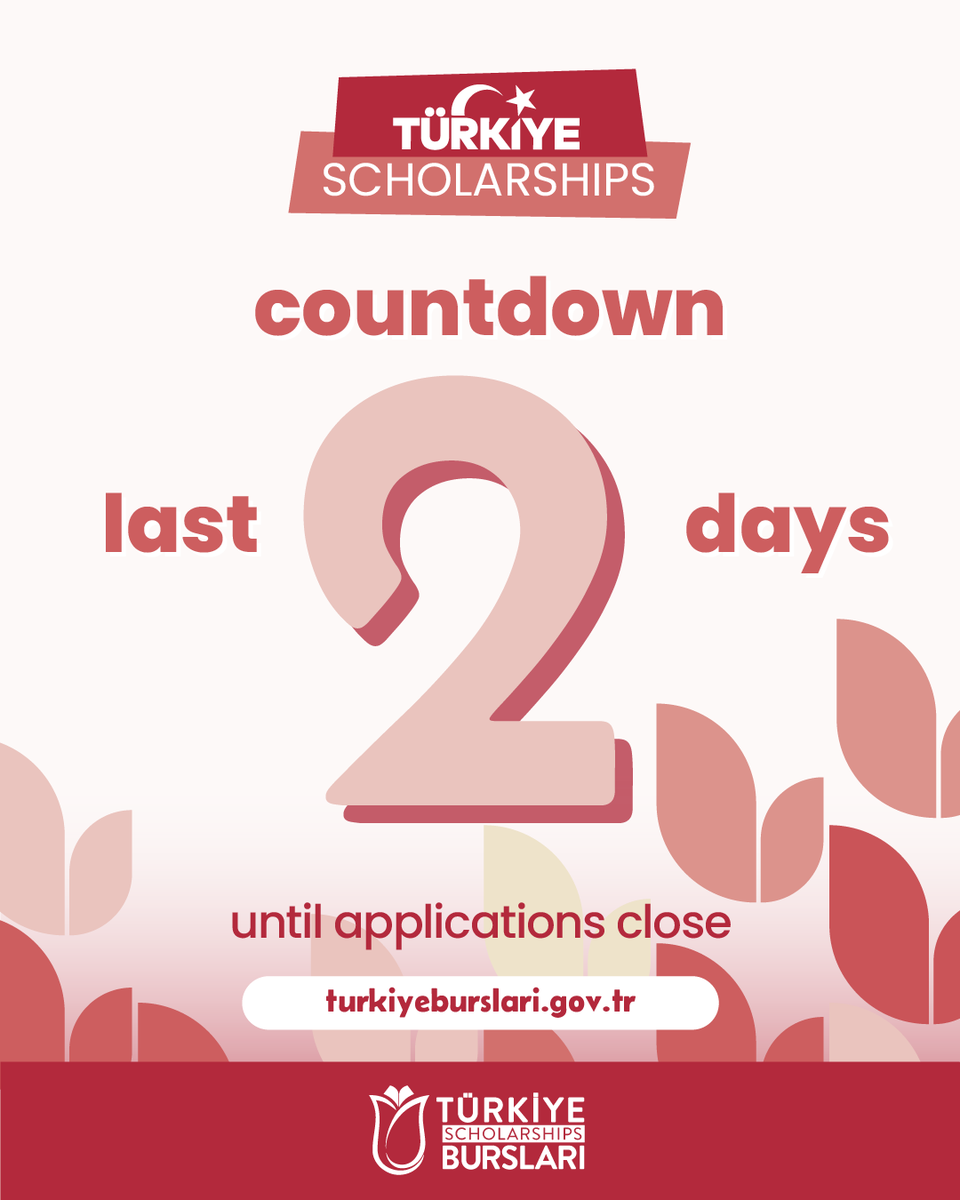 TurkiyeBurslari's tweet photo. 💻Have you completed your application yet❓

Only 2⃣ days left for the applications.

Please don't forget to upload all the required documents.

📆 Deadline: 20 February 2026

👉 https://t.co/1qc6NcJB5L

#TürkiyeScholarships #StudyinTürkiye #AimForHigher #FirstClassScholarship https://t.co/tPav3WAoDO