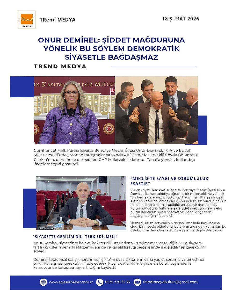 🎙️ TRend Gazete

Onur Demirel: “Şiddet mağduruna yönelik bu söylem demokratik siyasetle bağdaşmaz”

Onur Demirel, Türkiye Büyük Millet Meclisi’nde yaşanan tartışmalara ilişkin açıklama yaptı.

Demirel, Ceyda Bölünmez Çankırı’nın daha önce darbedilen Mahmut Tanal’a yönelik