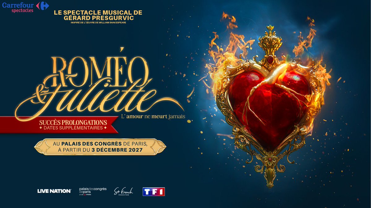 Carrefour_Spect's tweet photo. Roméo & Juliette ❤️🔥
15 nouvelles dates annoncées !
🎟 Mise en vente jeudi 19 février
👉 https://t.co/uGRN63F1qk
#RomeoEtJuliette #SpectacleMusical #Billetterie #Paris #CarrefourSpectacles https://t.co/MZjDYYjWpP