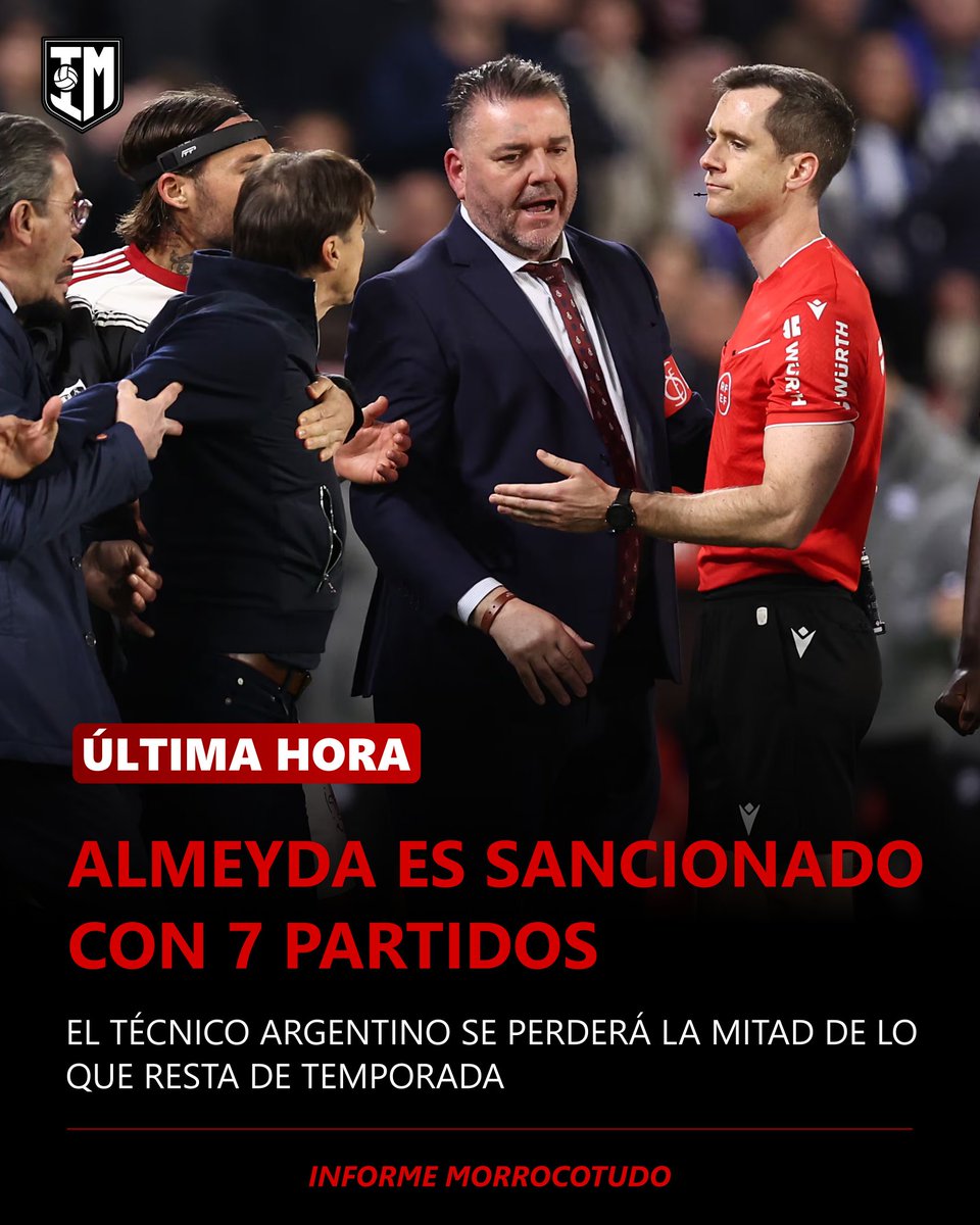 🔴‼️ Última hora: Matías Almeyda es sancionado con 7 partidos de liga.

👉🏻 Como informábamos ayer, el técnico del #SevillaFC es castigado con una sanción sin precedentes en los últimos años.

↪️ El argentino se perderá la mitad de los partidos que restan en la temporada.