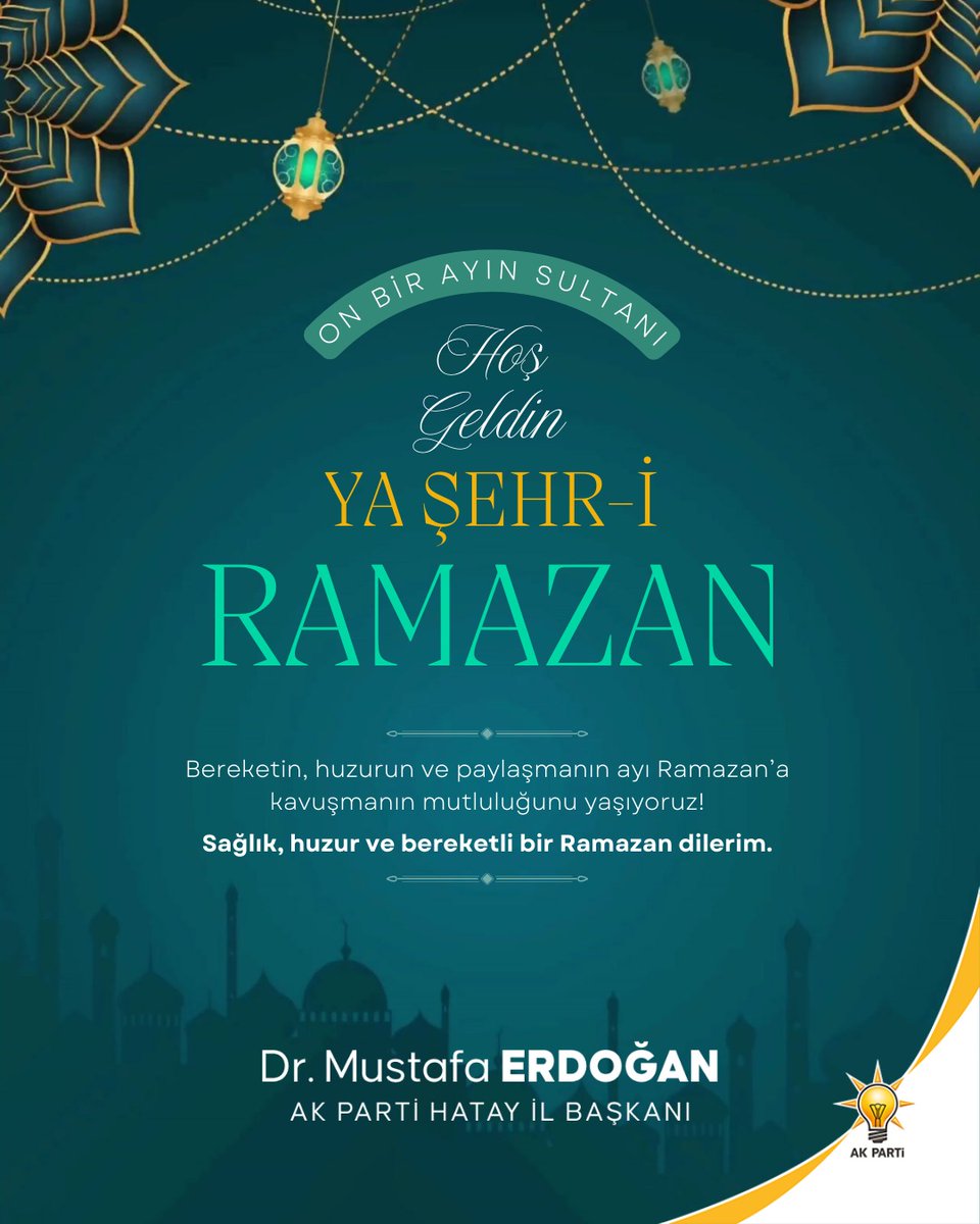 DMustafaErdogan's tweet photo. Hoşgeldin Ya Şehr-i Ramazan...

11 ayın sultanı, gönüllerimizin ve nefislerimizin sultanı Ramazan ayının Hatay'ımıza, ülkemize ve insanlığa hayırlar getirmesini diliyorum.

@RTErdogan 
@abuyukgumus 
@yahyacelik_
@Akpartihatay https://t.co/UbxC6eEuZo