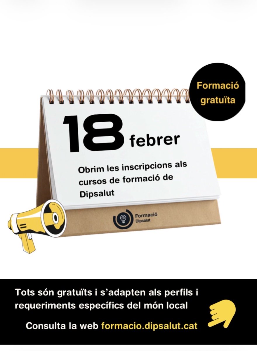 Dipsalut's tweet photo. 🎓 Avui, 18 de febrer, s’obren les inscripcions a la formació de #Dipsalut!

✅ Cursos gratuïts per a professionals del món local, amb novetats com càpsules de gestió emocional i d’educació sexual.

ℹ️ Aula renovada amb tecnologia d’última generació.

👉 https://t.co/O8k5MKGkil https://t.co/9HoWDrQc5o