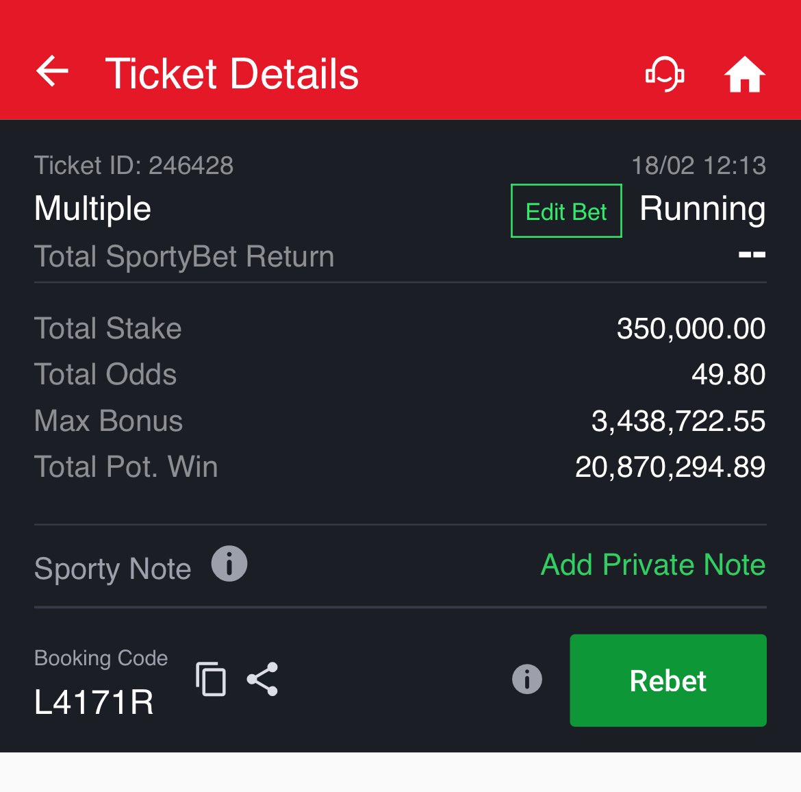 350k stake x 50 odds