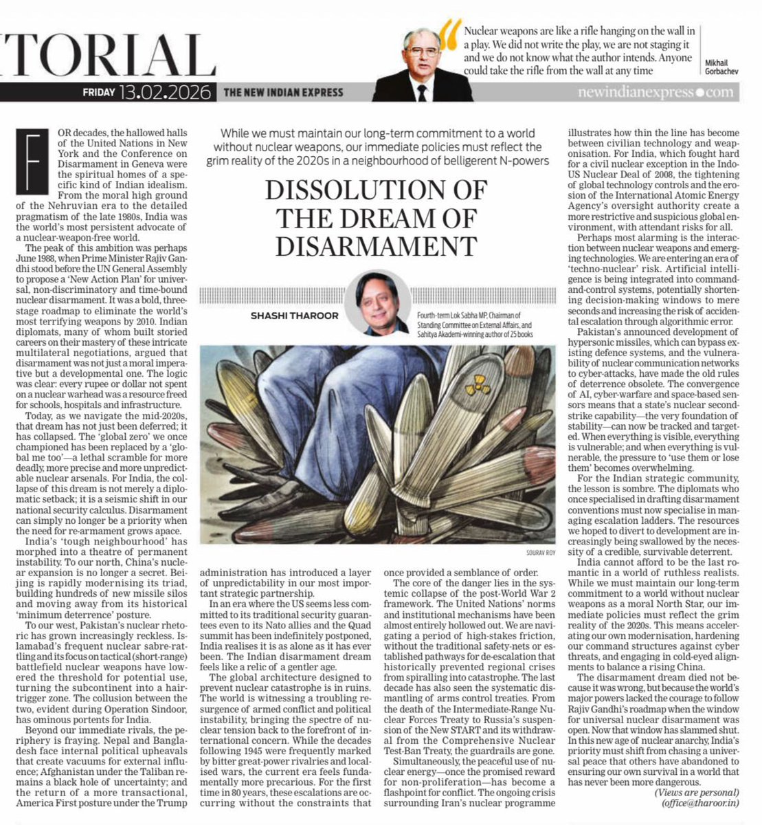 My article in the <a href="/NewIndianXpress/">The New Indian Express</a> analysing the collapse of the “disarmament dream” that legions of Indian diplomats had long pursued, concludes that the world is a far more dangerous place today: