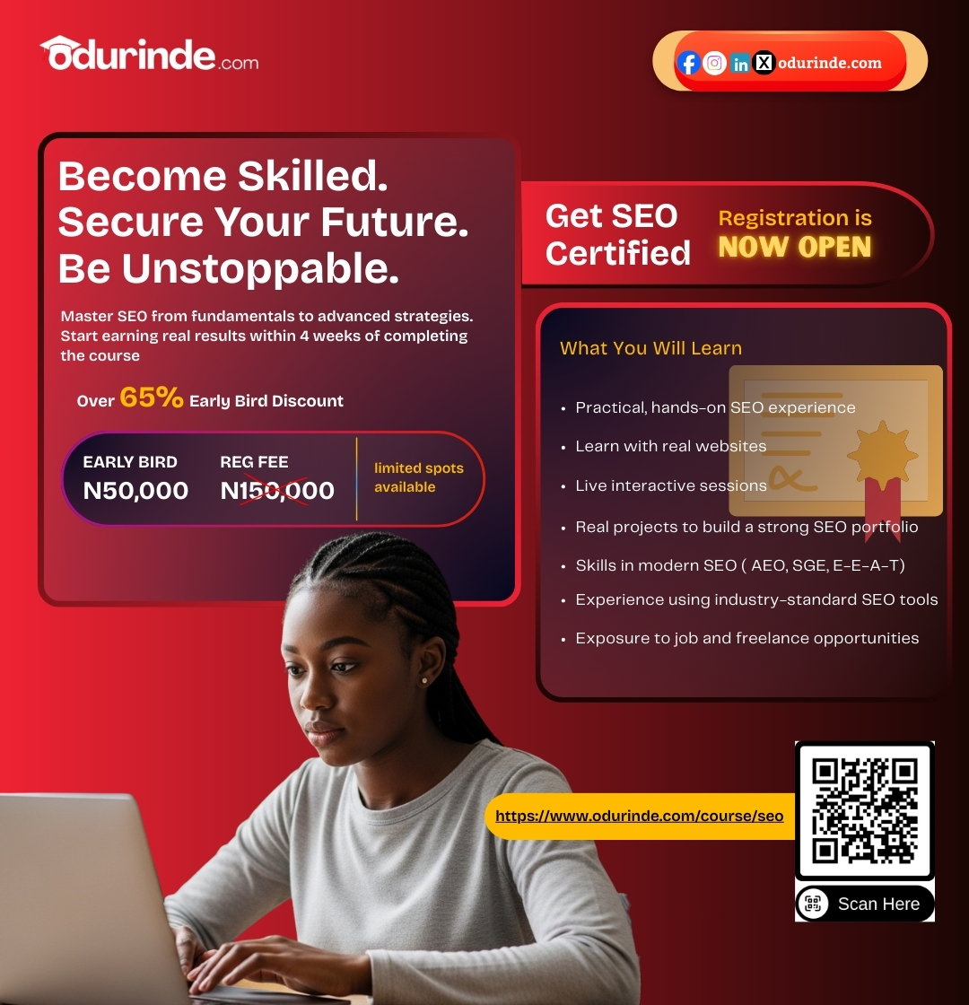 Master SEO &amp; Start Earning in 4 Weeks!

Take your skills from fundamentals to advanced strategies and see real results fast.

📲 Scan the QR code to start your registration or visit: odurinde.com/course/seo/

❓ For more enquiries, reach out here: odurinde.com/contact