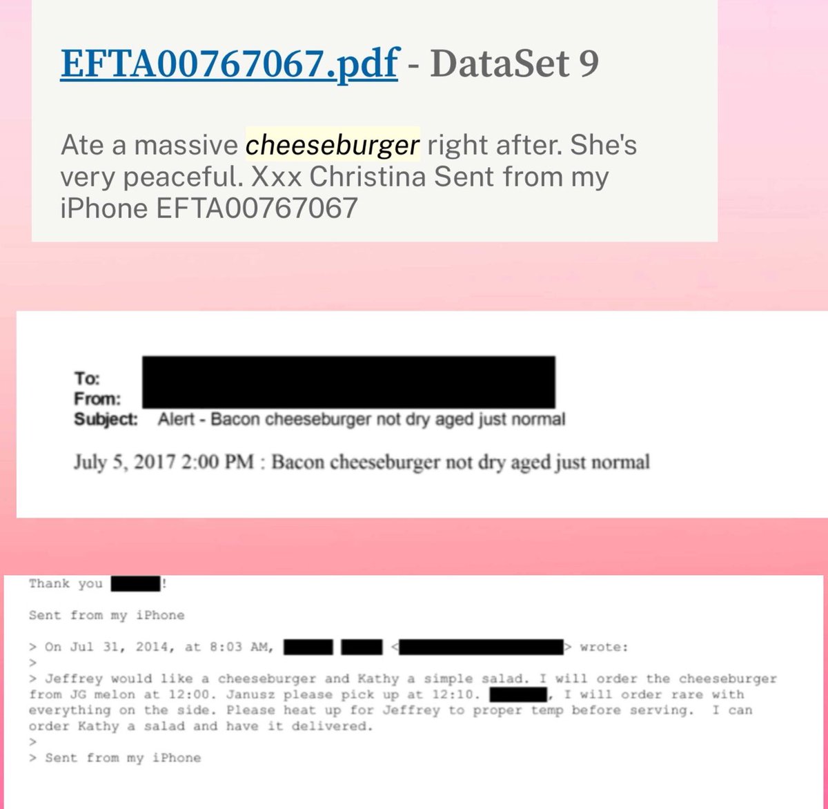 🚨BREAKING🚨: The internet accuses Beyoncé of sending a subliminal message in support of Jeffrey Epstein in her latest Instagram post.

In files released by the FBI, the word "cheeseburger" was used as code in several emails from the billionaire p3d0