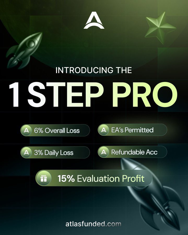 Introducing the Atlas 1 Step Pro 🚀

Built for traders who want simplicity, flexibility and speed.

✔️ 6% overall loss
✔️ 3% daily loss
✔️ EA’s permitted
✔️ Refundable account
✔️ 15% evaluation profit 

One step. Clear rules. Faster path to being funded.

Ready for your next