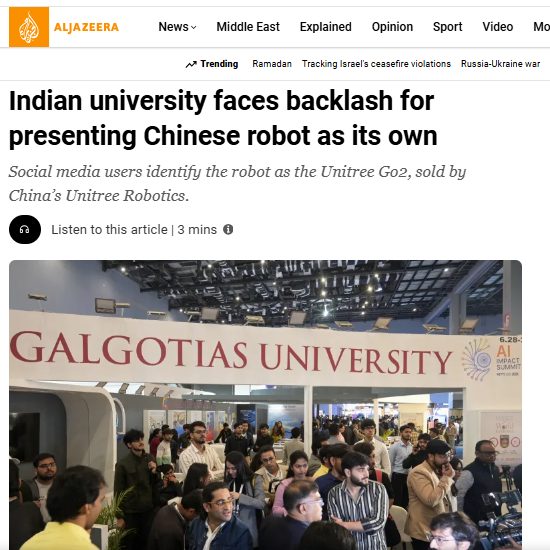 Global embarrassment for the Indian Education System 🚨 

▷ University claims to build an advanced AI robot. 
▷Reality: It is a Chinese model imported and rebranded. 
▷Caught red-handed facing backlash on the global stage.

Vishwaguru moment of the century.
