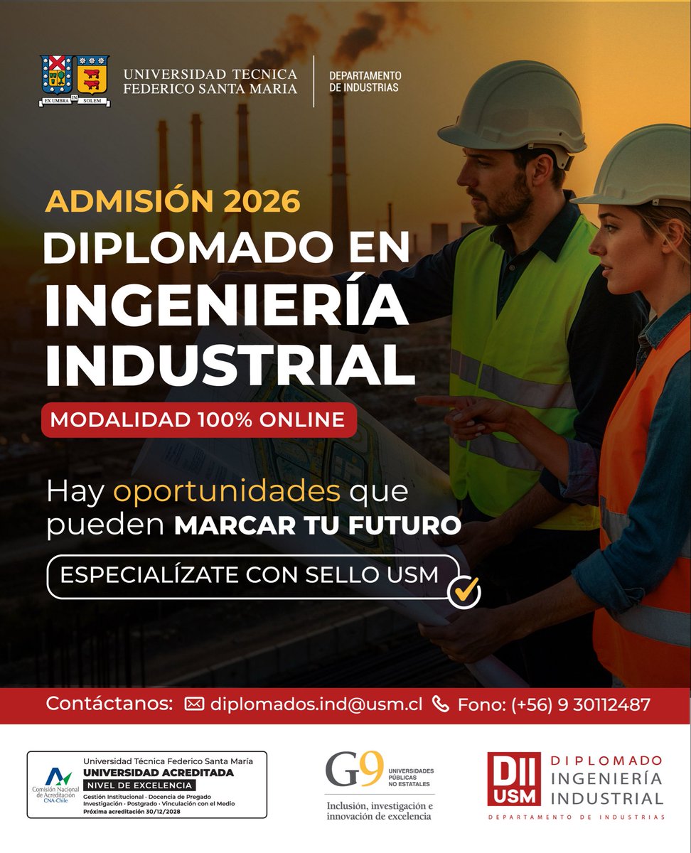IndustriasUSM's tweet photo. Diplomado en Ingeniería Industrial – DII USM
📩 diplomados.ind@usm.cl
📲 +56 9 30112487
🌐 https://t.co/S3irG8Z2PR
📢 ¡Postulaciones abiertas! 🗓️ Inicio de clases: abril 2026.
#utfsm #usm #diplomado #educacioncontinua #online #diiusm #ingenieriaindustrial https://t.co/WrkKp3WVDT