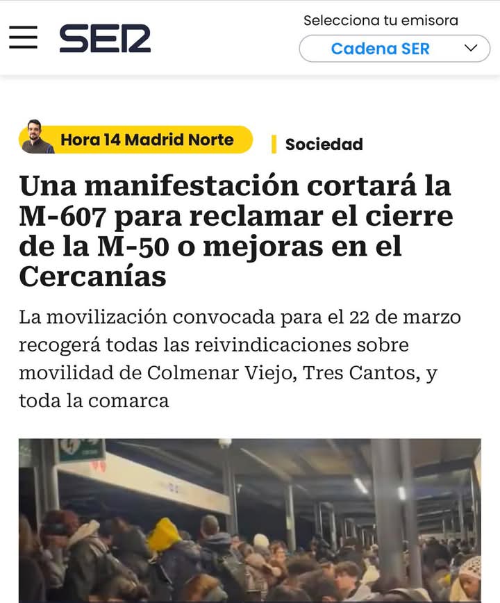 Cuenta <a href="/SERMadridNorte/">SER Madrid Norte</a> . La Asociación y <a href="/PlataformaM50Ya/">M-50 YA! - Plataforma Ciudadana</a> trabajamos de manera conjunta para convocar una manifestación el día 22 de marzo. Para reivindicar una MOVILIDAD DIGNA para #ColmenarViejo y su comarca. Apuntar está fecha en rojo en el calendario 
cadenaser.com/cmadrid/2026/0…
