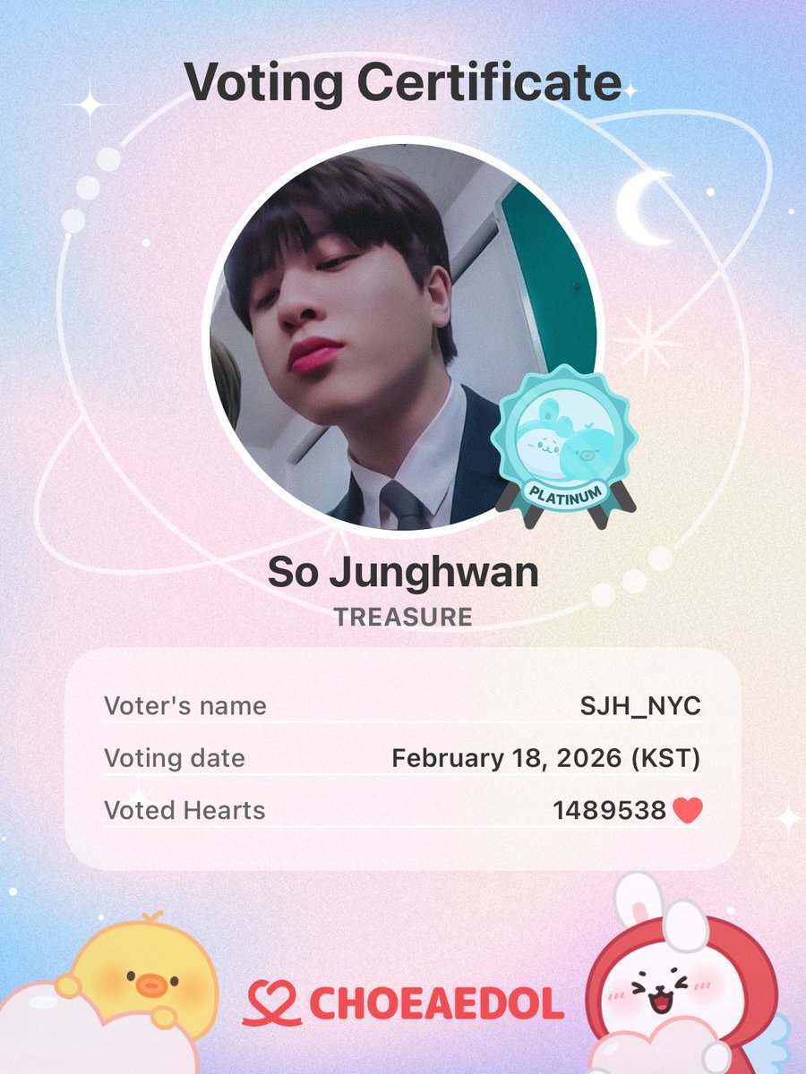Voting completed today💝
Let's CHOEAEDOL together!

#CHOEAEDOL #So Junghwan_TREASURE #VotingProof
myloveidol.com/community/?ido…