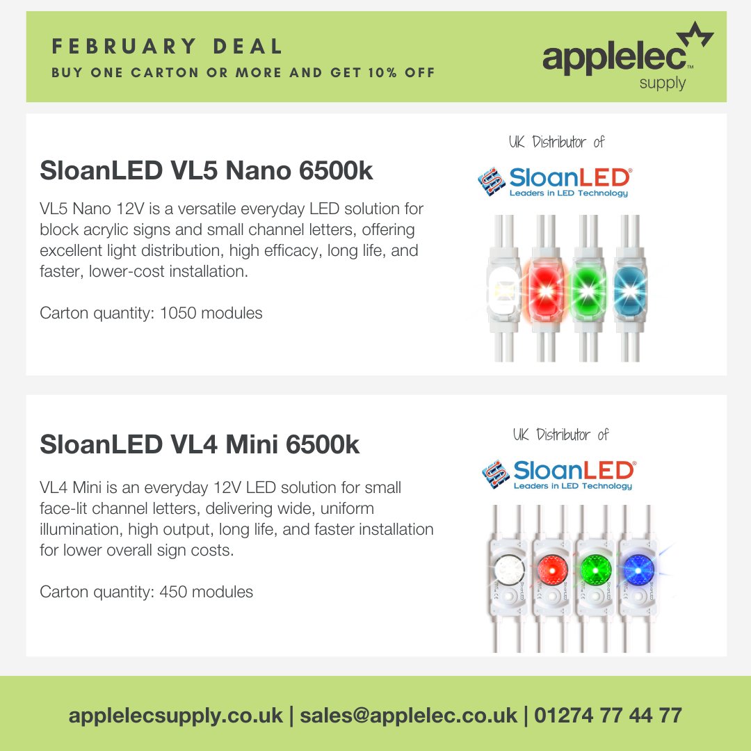 Applelec's tweet image. Working on channel letters this month?

Lock in 10% off selected 6500K LED modules when buying 1 carton or more.

✔ ULTRA 670
✔ VL4 Standard
✔ VL5 Nano
✔ VL4 Mini
Ends 29th Feb.
📧 sales@applelec.co.uk
#Signage #SignMakers #LEDModules