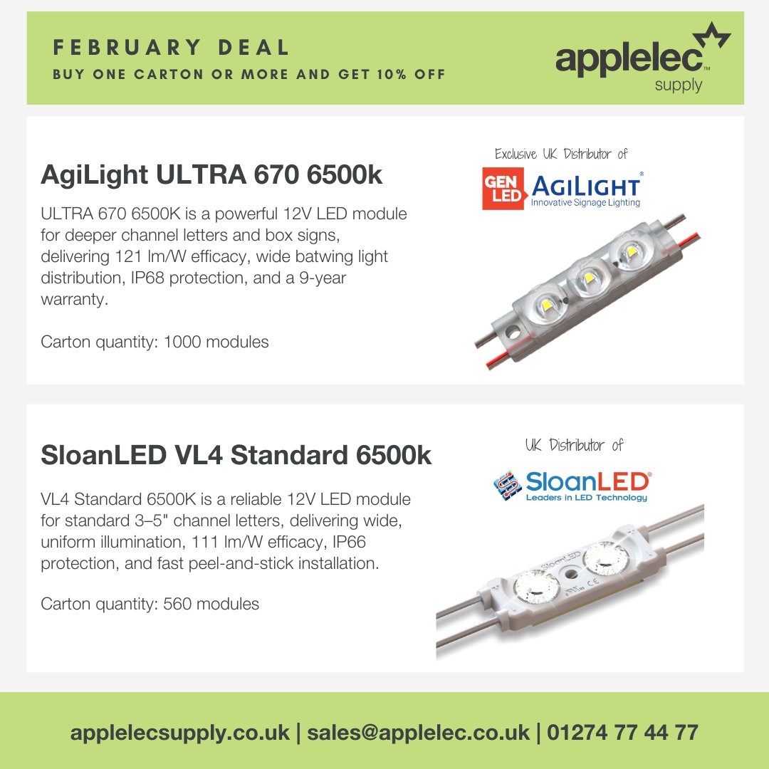 Applelec's tweet image. Working on channel letters this month?

Lock in 10% off selected 6500K LED modules when buying 1 carton or more.

✔ ULTRA 670
✔ VL4 Standard
✔ VL5 Nano
✔ VL4 Mini
Ends 29th Feb.
📧 sales@applelec.co.uk
#Signage #SignMakers #LEDModules