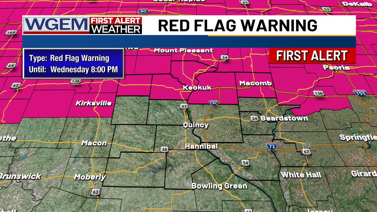First Alert: We have Red Flag Warnings in effect in Scotland, Clark, Lee, Hancock and McDonough Counties from 10am to 8pm today. Breezy conditions and quickly falling humidity will raise brush fire threat today. wgem.com/weather #fire #warning #forecast