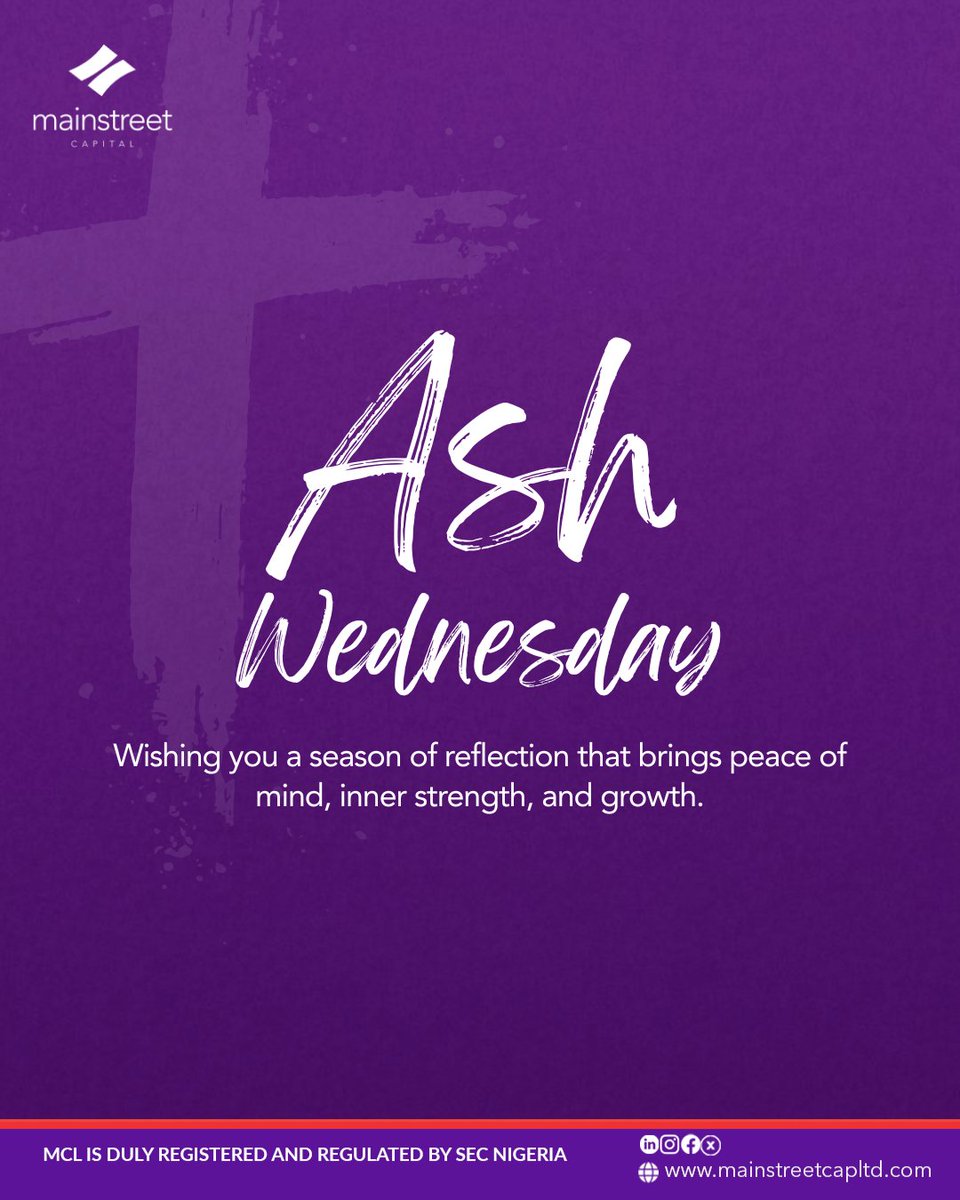 We wish you a season of reflection that brings peace of mind and growth.

#mainstreetcapital #ashwednesday