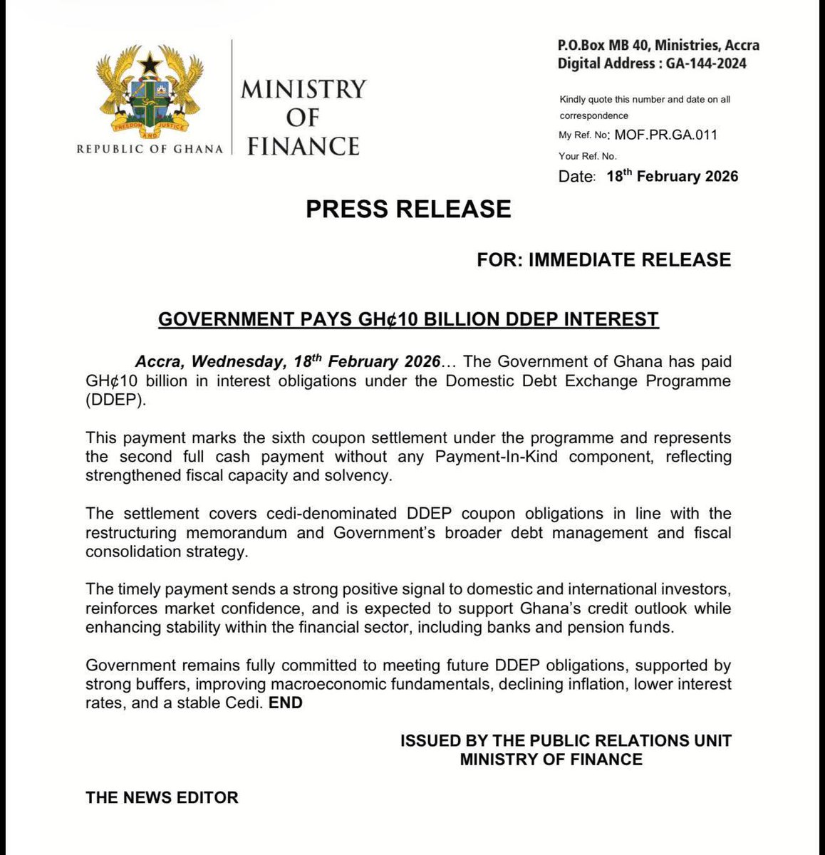 Truthayt's tweet photo. Government of Ghana has paid GHS10 billion in interest under the Domestic Debt Exchange Programme, completing its sixth coupon settlement and second full cash payment, signaling improved fiscal strength and solvency.
#TruthHub https://t.co/N5VBy7WOlz