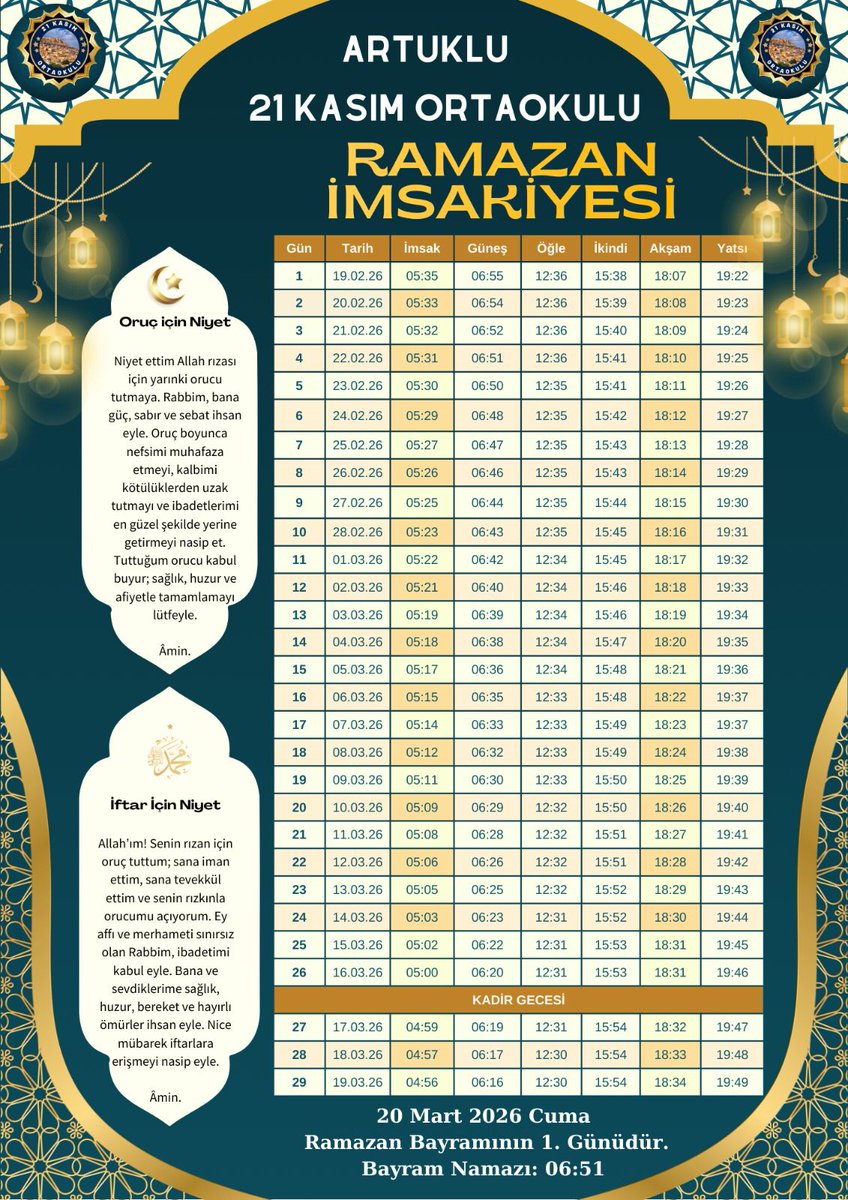Ramazan Etkinlikleri
Okulumuz 21 Kasım Ortaokulu Ramazan İmsakiyesi: Bereketin ve Düzenin Takvimi

<a href="/mardinilmem/">Mardin İl Millî Eğitim Müdürlüğü</a> 
<a href="/ali_eyyupkoca/">Ali Eyyupkoca</a> 
<a href="/artukluilcemem/">Artuklu İlçe Milli Eğitim Müdürlüğü</a> 
<a href="/mehmeteminduya1/">Mehmet Emin DUYAN</a> 
<a href="/mustafa70728847/">mustafa özdemir</a>