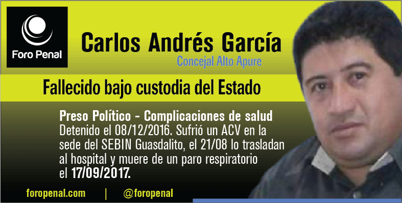 ForoPenal's tweet image. #InMemoriam Hoy recordamos a 𝗖𝗮𝗿𝗹𝗼𝘀 𝗔𝗻𝗱𝗿é𝘀 𝗚𝗮𝗿𝗰í𝗮 𝗭𝘂𝗿𝗶𝘁𝗮,​ fue un político venezolano que sirvió como concejal de Guasdualito, en el estado Apure, Venezuela y que murió mientras estaba 𝗯𝗮𝗷𝗼 𝗰𝘂𝘀𝘁𝗼𝗱𝗶𝗮 𝗱𝗲𝗹 𝗲𝘀𝘁𝗮𝗱𝗼.

El 17 de diciembre de