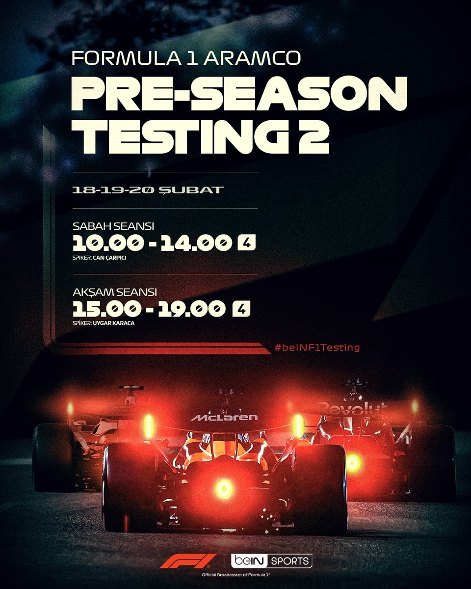beINSPORTS_TR's tweet photo. 🏎️ Bahreyn’de 2026 Formula 1 sezon öncesi testlerinin 2. haftası başladı!

🔎 Takımların performans odaklı programları
🏁 Avustralya’daki açılış öncesi son provalar
✍️ Komisyon toplantısında alınacak önemli kararlar

⭐ Heyecan dolu 3 günlük serüvene #beINF1Testing hashtagine yapacağınız yorumlar ve soracağınız sorularla sizler de dahil olabilirsiniz.

#F1 #beINSPORTS
