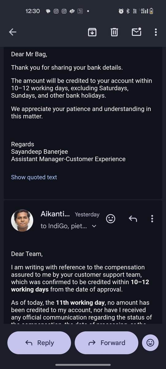 aikantikbag's tweet photo. More than 2.5 months now. @IndiGo6E came to a middle ground with monetary compensation and promised to credit it in 10-12 days. Today is 12th day and there is no update. @MoCA_GoI @RamMNK @PMOIndia , I urge you to intervene and ask the airline to process my demand! https://t.co/0akOG9OgDk