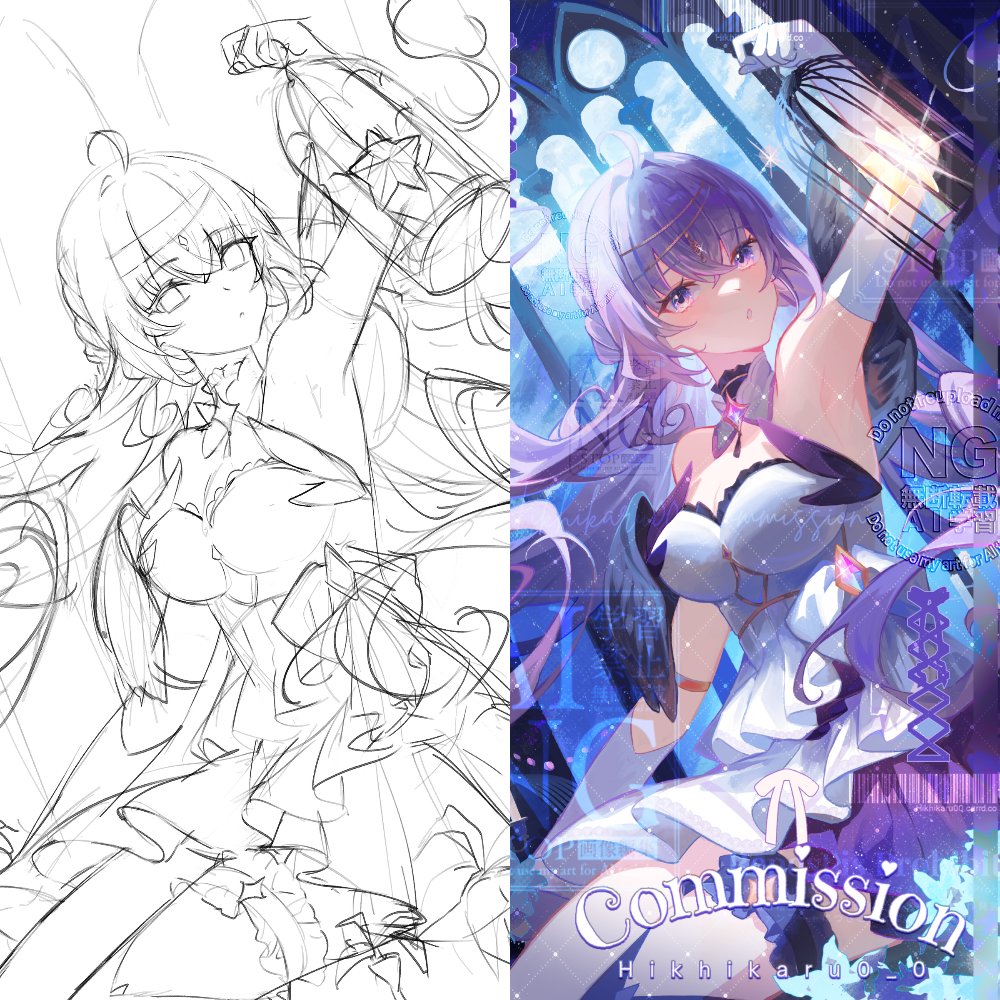 hikhikaru00's tweet photo. Sketch vs finished! 🔮✨
Finished comms will be uploaded one by one ᕦ(ò_óˇ)ᕤ
#Commission https://t.co/P3GXsHrNSr