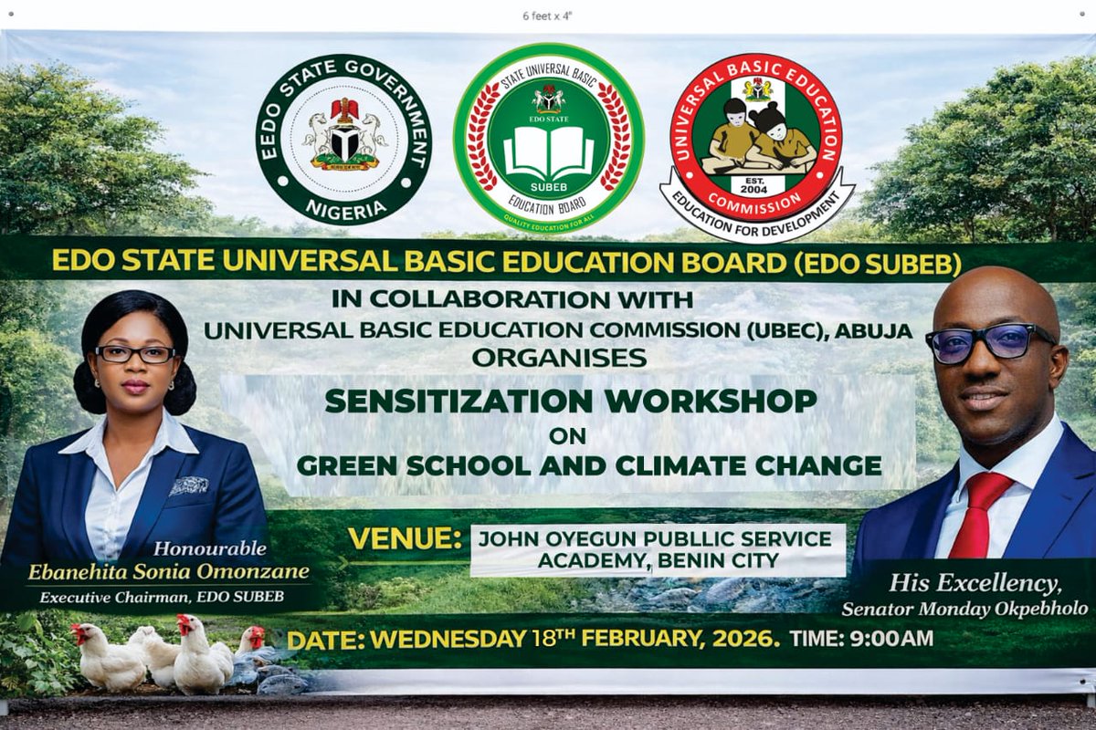A sensitization workshop on Green School, Climate Change and Safeguarding. 

Program aimed at promoting environmental sustainability, climate resilience, and general safeguarding in our school communities.

Don't miss it!!!
#ubec 
#EdoSUBEB
#Edostategovernment