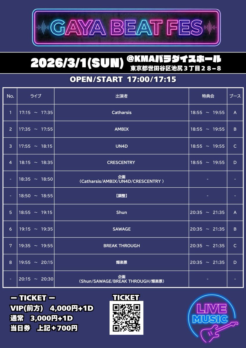 vara_fes's tweet photo. 【GAYA BEAT FES vol.2】出演者追加のお知らせ🔈

📅開催日：2026年3月1日(日)
🕒開場 17:00 / 開演 17:15(終演予定 20:30頃)
📍会場：KMAパラダイスホール(国立音楽院)
〒154-0001 東京都世田谷区池尻３丁目２８−８

🎫チケット情報
・VIP(前方エリア)：4,000円＋1ドリンク
・通常チケット：3,000円＋1ドリンク
※当日券は各種＋700円となります。
※追加ドリンクなしで再入場可

🔗チケットサイト
https://t.co/SRSKWO3Cx9

🎵出演者(順不同・敬称略)
BREAK THROUGH(@brethrough)
AMBIX(@ambix_official)
CRESCENTRY (@CRESCENTRY_)
UN4D(@UN4D3321)
燦楽景(@SUNKAKKE_info)
Catharsis〜カタルシス〜(@mens_idol0615)
SAWAGE (@SAWAGE_1203)
Shun(@kebabnow)←New

企画MC🎙️
ヨタロウ。(@karitanoboru)(@jak0807)