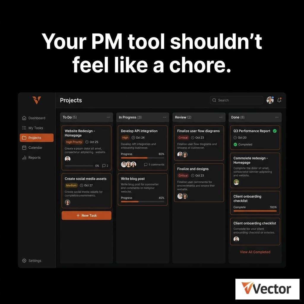 VectorPMTool's tweet photo. Tired of PM tools that feel like they were built for someone else's team? 📷

Meet Vector - project management that actually fits how you work. Kanban boards, Gantt timelines, team workload views... everything your team needs, none of the bloat you don't. https://t.co/HGEGR9fhoL