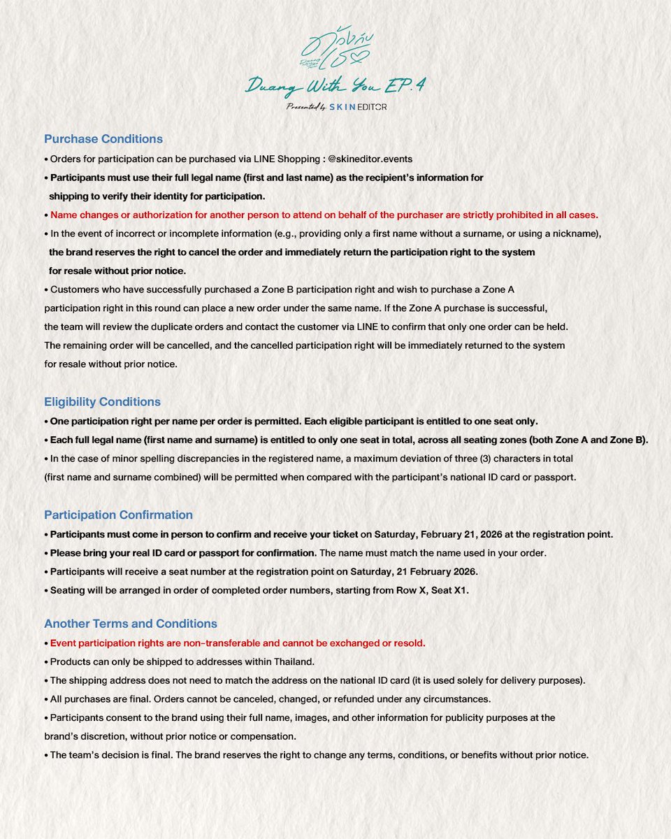 📝 รายละเอียดเงื่อนไขและข้อกำหนด (Terms and Conditions) รอบ Restock

Duang With You EP.4 🎨🎧
Presented by SkinEditor

โปรดศึกษารายละเอียดเงื่อนไข และข้อกำหนดทั้งหมดโดยครบถ้วนและละเอียดถี่ถ้วนก่อนดำเนินการสั่งซื้อ

📍ผู้รับสิทธิ์ 1 ชื่อ สามารถรับสิทธิ์เข้าร่วมกิจกรรมได้เพียง 1