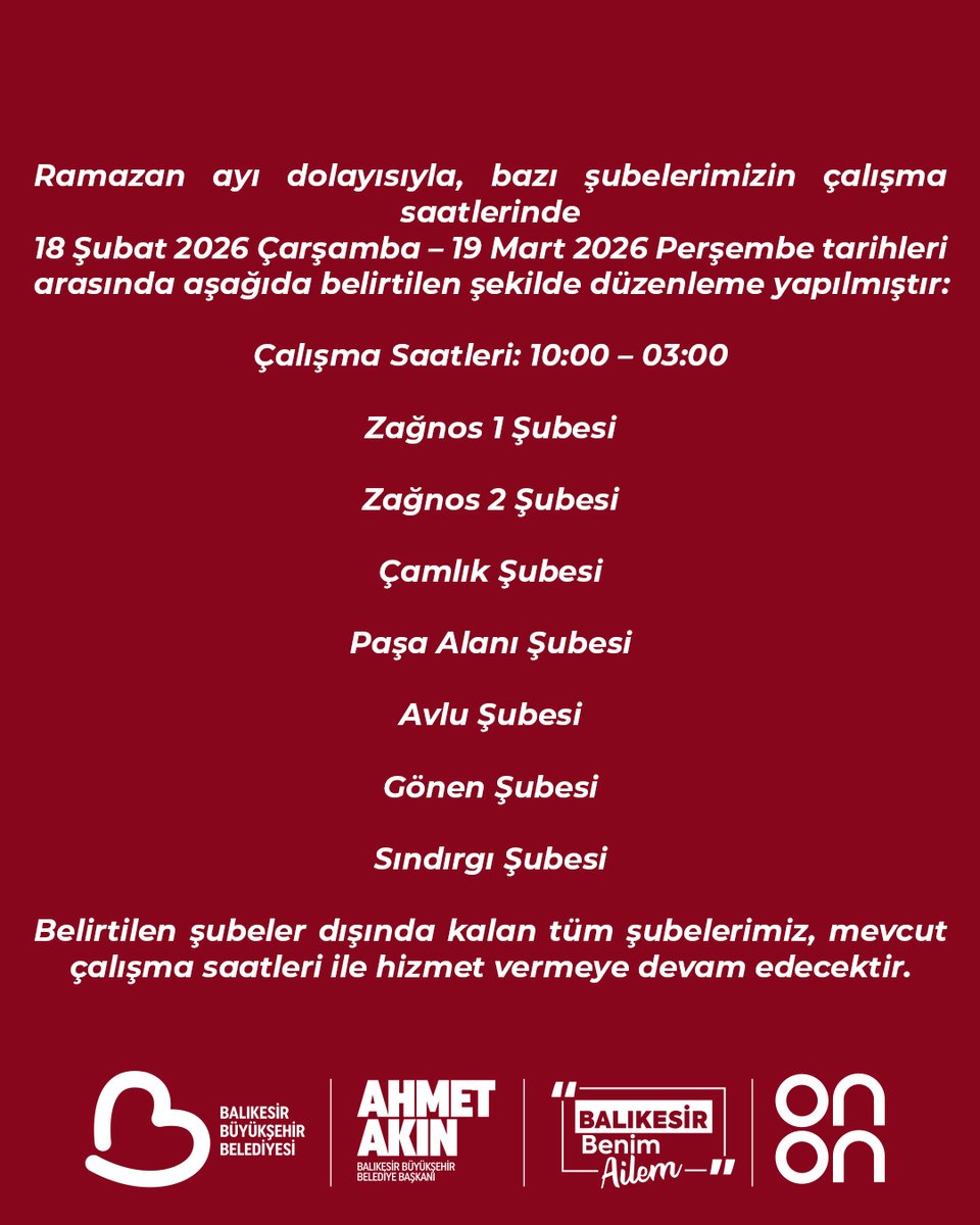🌙 Ramazan’da Sahura Kadar Açığız! ☕

18 Şubat – 19 Mart 2026 tarihleri arasında;
📍 Zağnos 1 
📍 Zağnos 2
📍 Çamlık
📍 Paşa Alanı
📍 Avlu
📍 Gönen
📍 Sındırgı
şubelerimiz 10.00 – 03.00 saatleri arasında hizmet verecektir.
Diğer şubelerimiz mevcut saatleriyle devam etmektedir.