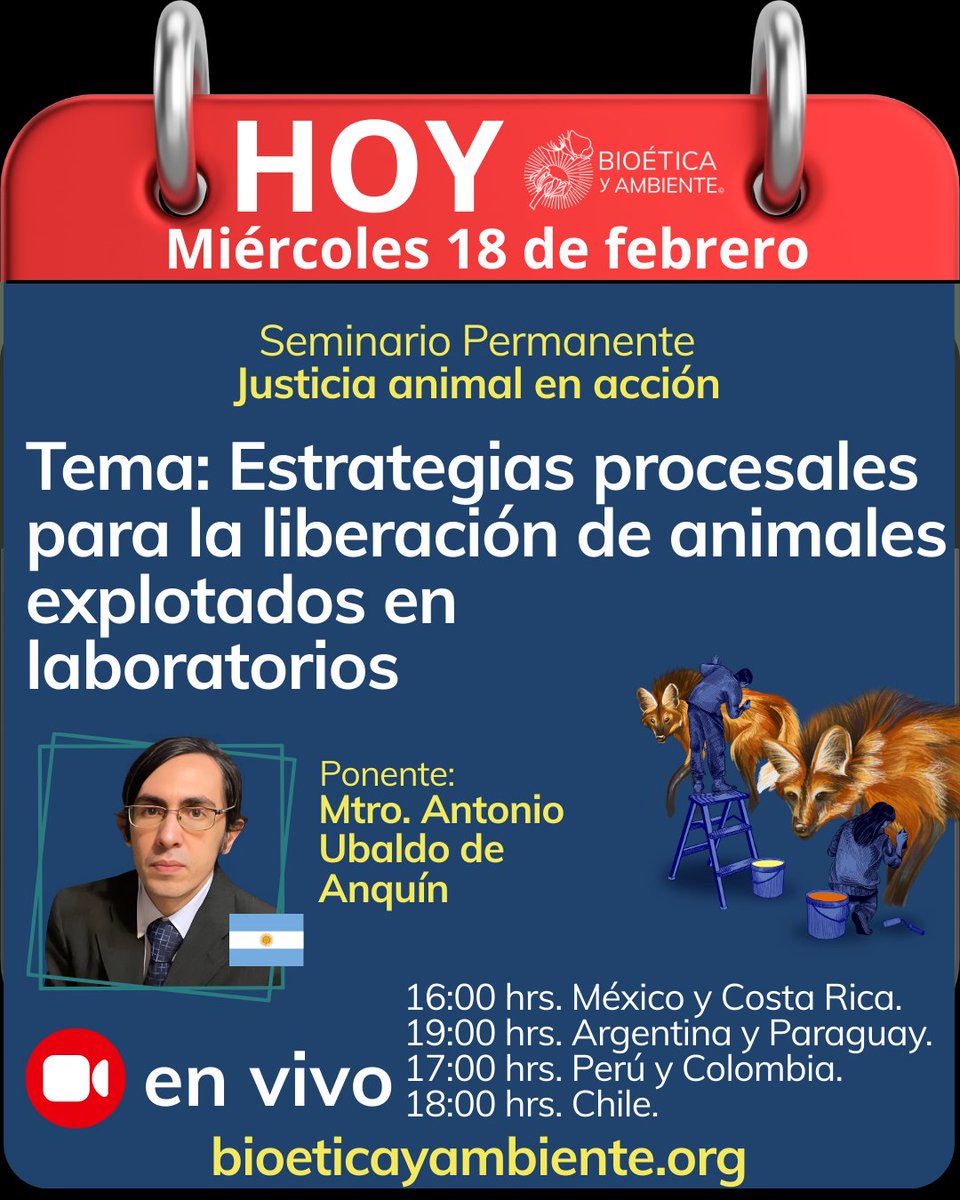 Hoy Participa y hazlo posible.
#Seminario #permanente de #Bioética y #Ambiente #Argentina 🇦🇷💚🦋🌱
“#Justiciaanimal en #acción”
Coordinado por el Mtro. Antonio Ubaldo de Anquín.

Miércoles 18 de febrero de 2026.

Más información y registr
bioeticayambiente.org/?m=detalle&con…