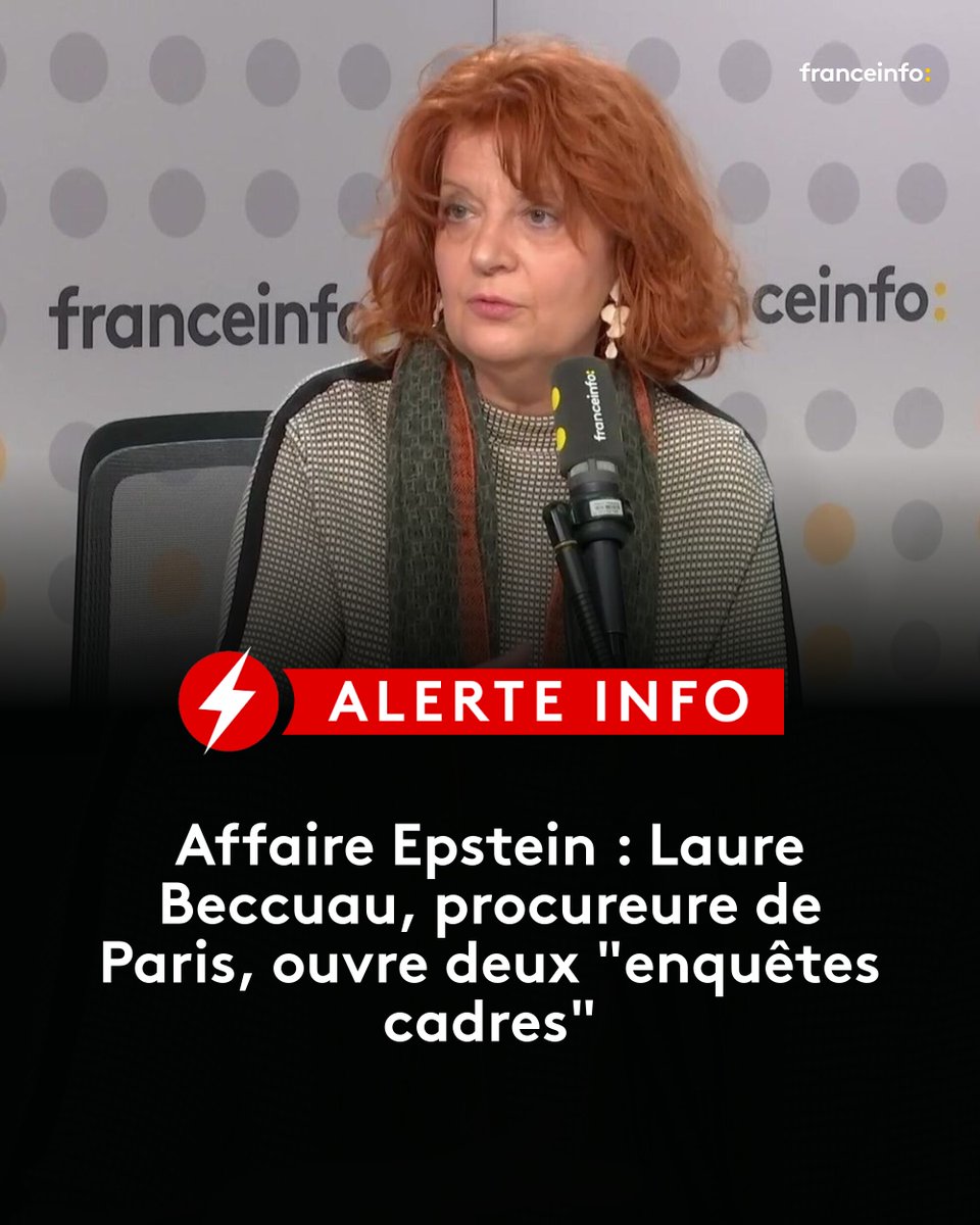 ⚡ALERTE INFO : Laure Beccuau, procureure de Paris, appelle mercredi 18 février sur franceinfo toutes les victimes françaises potentielles à se manifester, dans le cadre de l'affaire Epstein. Elle a décidé d'ouvrir deux "enquêtes cadres" au sein du parquet de Paris.