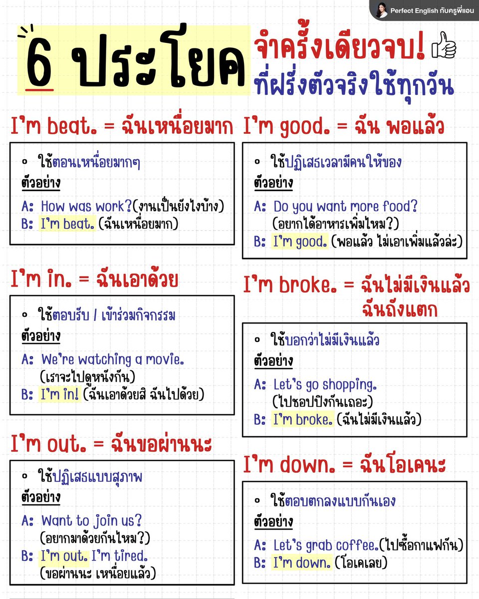 englishbykruann's tweet photo. ครูพี่แอนรวม 6 ประโยคที่ฝรั่งใช้คุยทุกวันมาให้ทุกคนค่า 💬

ใครอยากได้ความรู้แบบนี้อีก รีทวิตเป็นกำลังใจให้กันหน่อยน้า

#ครูพี่แอน #เรียนภาษาอังกฤษ https://t.co/5fX2khGq2E