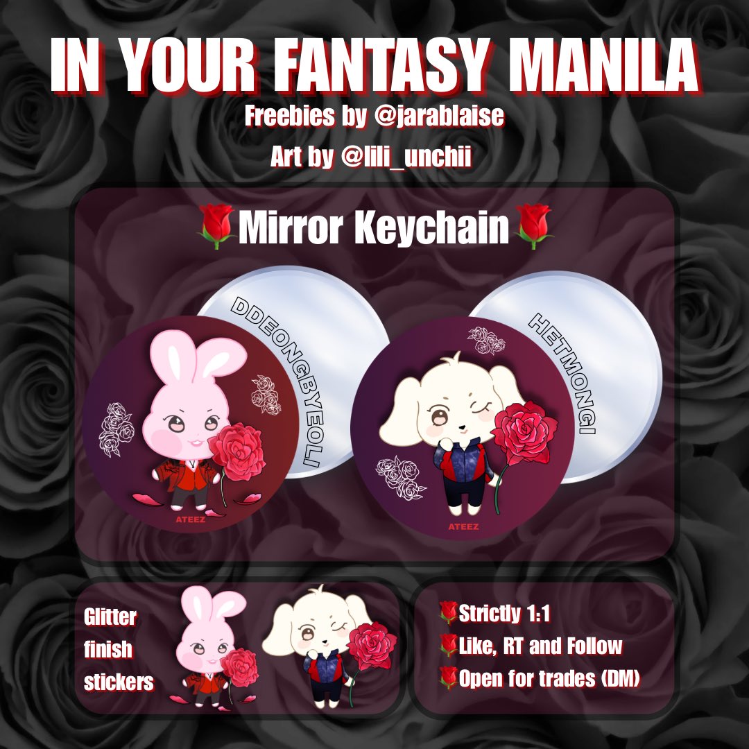 ATEEZ IN YOUR FANTASY MANILA
Freebies by <a href="/jarablaise/">☼SC☼</a>
Art by <a href="/lili_unchii/">☁️☁️</a>

Mirror Keychain and Stickers
🌹Ddeongbyeoli and Hetmongi 
🌹Strictly 1:1
🌹Like and RT (Follow optional)
🌹Open for trades (DM me🫶)

See you on D-day Atinys🥰

#InYourFantasy_MNL #ATEEZinManila