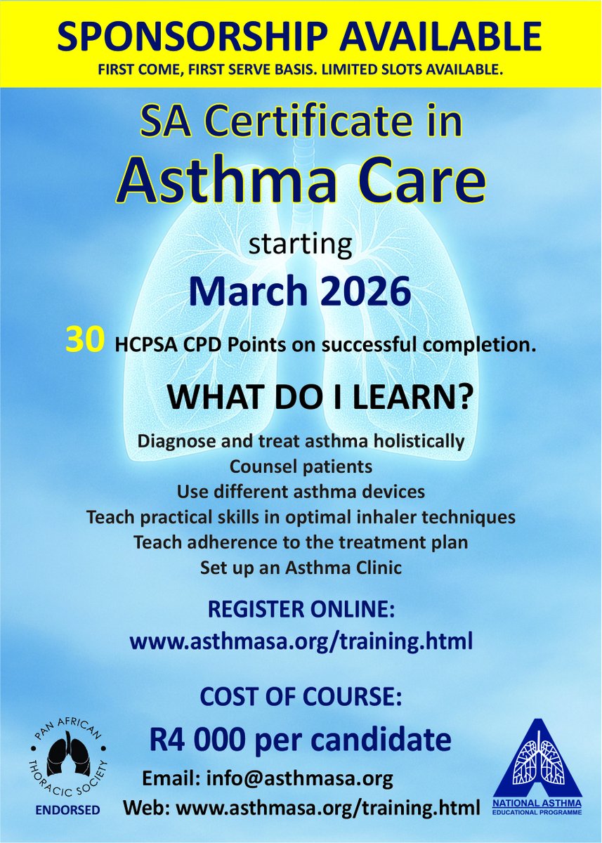 ❗️SPONSORSHIP AVAILABLE❗️ for the SA Certificate in Asthma Care course beginning 16 March 2026 for 6 Months.

Fully online &amp; VERY limited slots are still available. To apply, please send an email to info@asthmasa.org expressing interest and include a short CV.

#AsthmaEducation