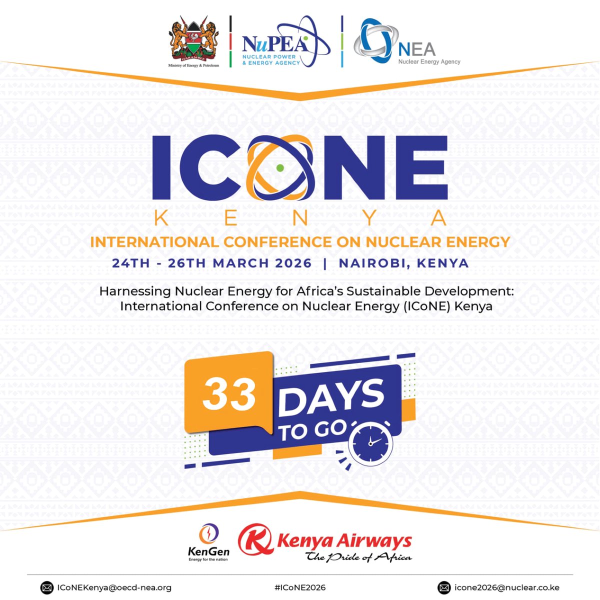 33 days to go. ⚛️🇰🇪

The countdown is on for #ICoNE2026 where global expertise meets Africa’s energy future.

📍 Nairobi, Kenya
🗓 24–26 March 2026

Powering progress. Driving sustainability. Shaping tomorrow!
Register here👇 nuclear.co.ke/harnessing-nuc…