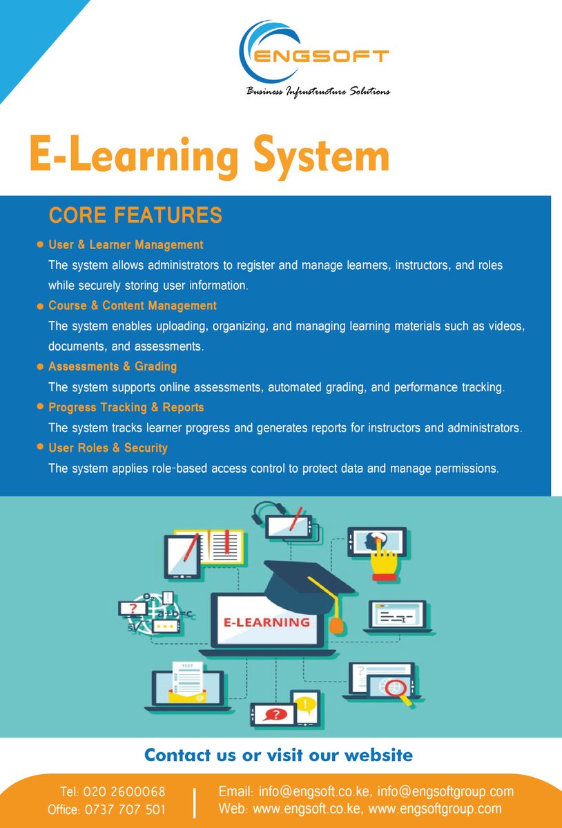 EngsoftKenya's tweet photo. Engsoft E-Learning System is a digital learning platform that enables institutions to deliver courses online, manage learners, and track academic progress in a structured and efficient manner. 

https://t.co/cXzHwVYz8k https://t.co/mztGRuqRgx