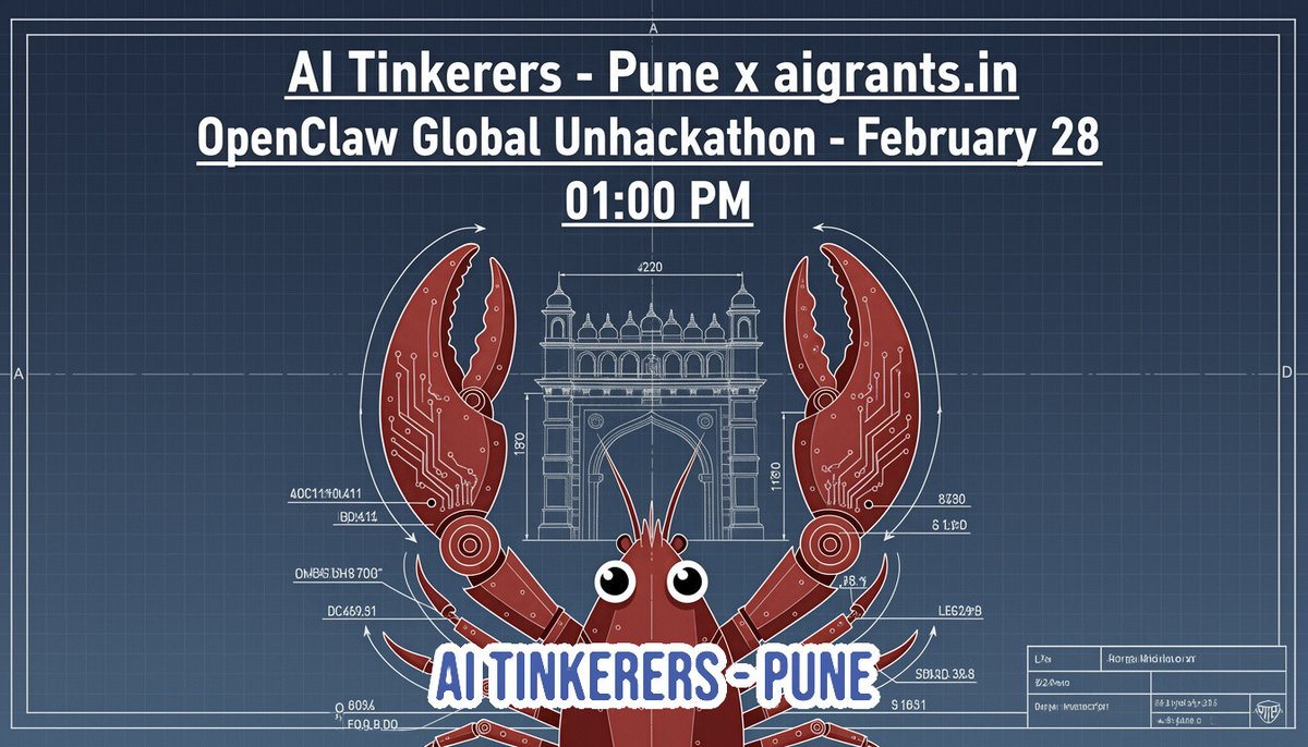 vikrantgg's tweet photo. Just 5 hours of pure building.🦞 OpenClaw Global Unhackathon Join us in Pune and ship with serious builders.

happening across 24 @AITinkerers  cities worldwide. 

If “set up OpenClaw” is still sitting on your backlog — this is your lock-in session.

AI credits powered by @aigrantsindia   

This is a synchronized, heads-down build session for people actively building with OpenClaw / ClawdBot.

Bring your infra.
Bring your plugins.
Bring your blockers.

We build. We debug. We ship.

Serious about shipping? Apply here:https://t.co/Al5yoWWahC

@openclaw  @0xBosky  @Micky__21_