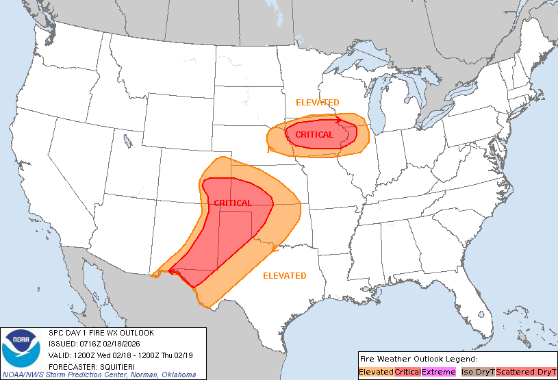 1:18am CST #SPC Day1 #FireWX Critical: much of the southern high plains, most of iowa, far southwestern wisconsin, and far northwestern illinois spc.noaa.gov/products/fire_…